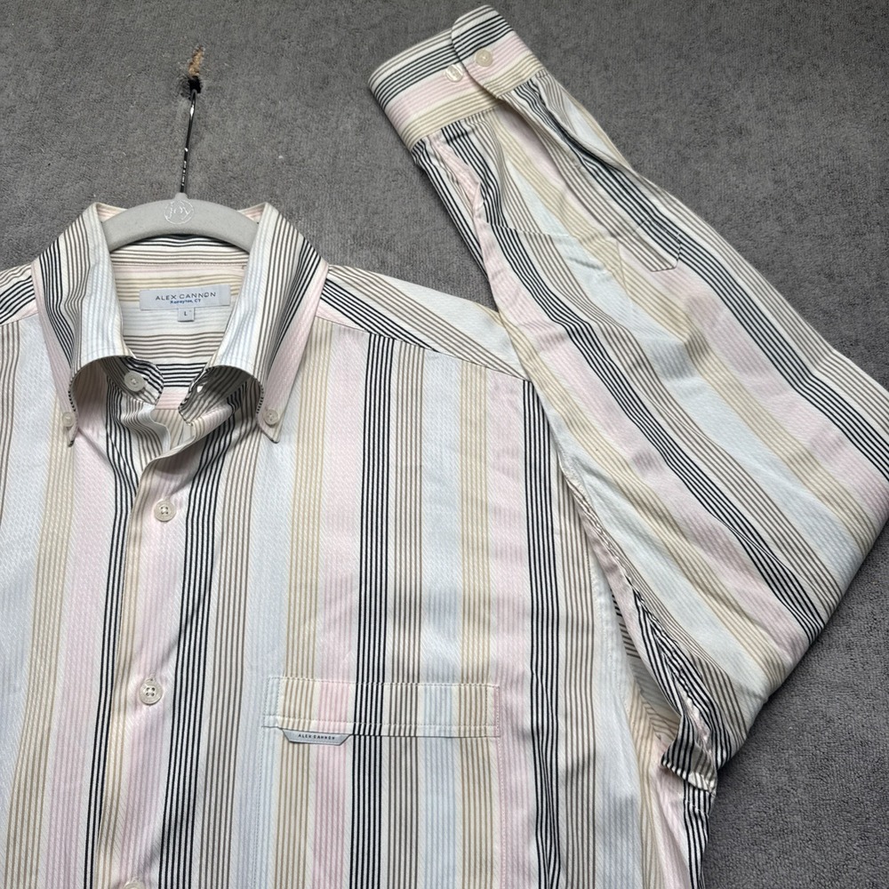 Alex Cannon Dress Shirt Multicolor Stripe Spread Collar Cotton Long Sleeve Large